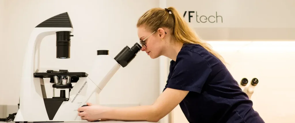 Bovine IVF technician looking into a microscope