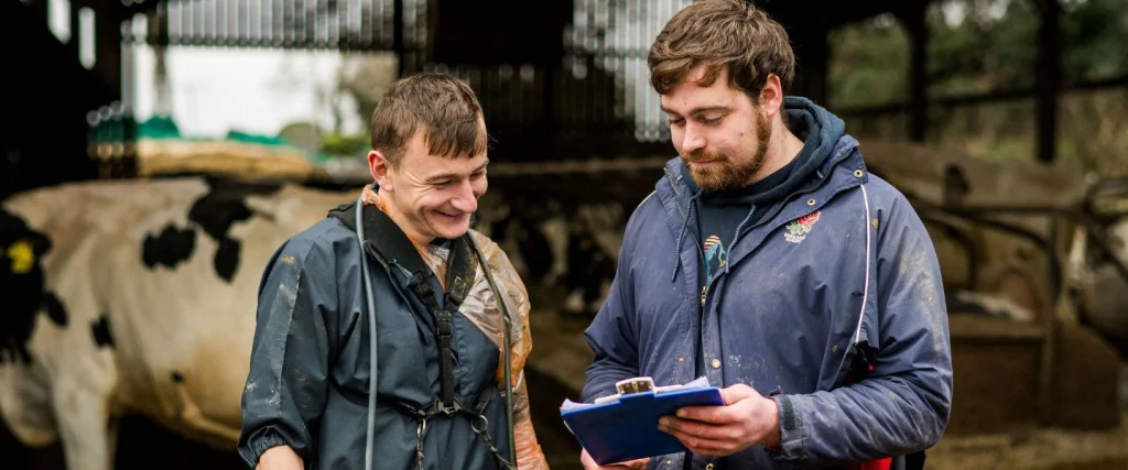 farm Vet and farmer looking at a clipboard outside dairy parlour